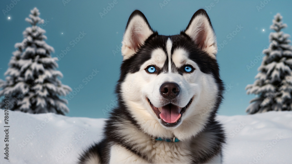 siberian husky with beautiful fur and blue eyes with pastel colors background