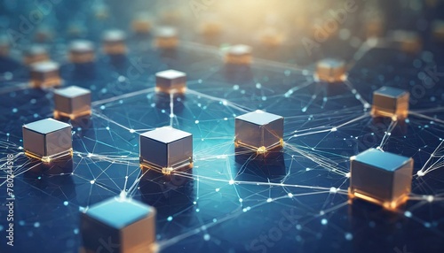 Visual representation of a linked blockchain featuring illuminated nodes representing network security and technological advancements