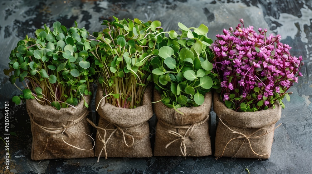 Bags contain various plants such as flowers, shrubs, and grasses