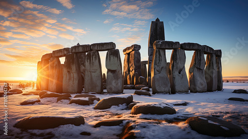 A Glorious Winter Solstice Sunrise at Stonehenge Where The Sun is Still Low and the Light Streaming Between The Monument Blocks photo