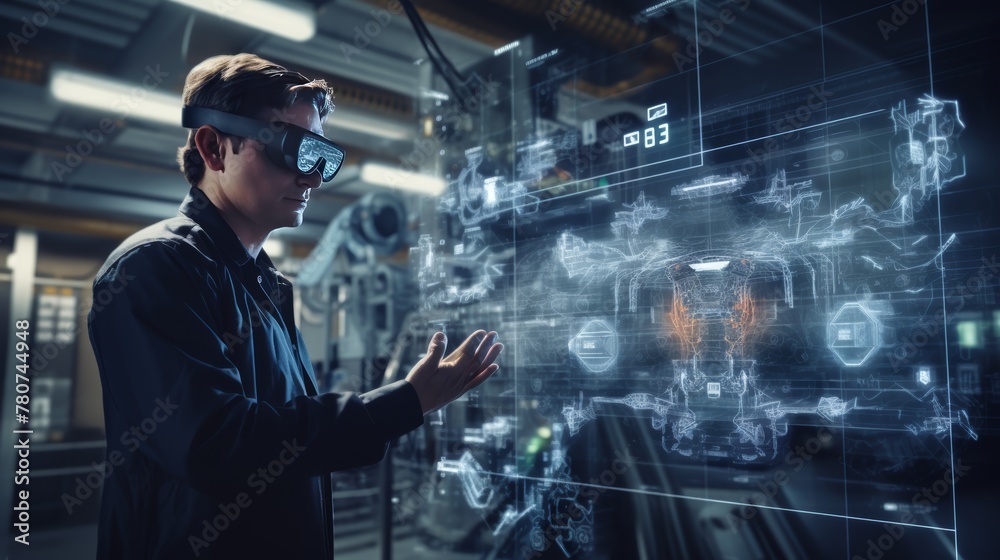 A man wearing AR glasses is writing code to intelligently control a robot. On the background of a lab full of high-tech equipment. It represents technological progress. A man wearing AR glasses is writing code to intelligently control a robot. On the background of a lab full of high-tech equipment. It represents technological progress.