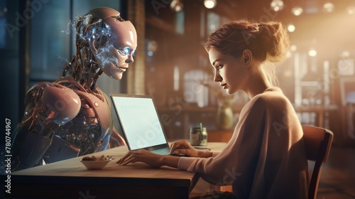 photograph of A woman is professionally writing an article on the computer with an AI standing next to her to help her come up with creative ideas.  photo