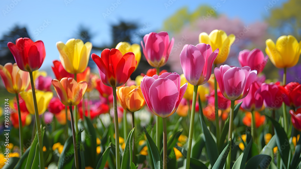Brightly colored tulips with clear skies and summer sunshine.
