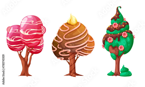 Set of three trees stylized as dessert, ice cream and caramel, can be used for design of computer games, posters and advertising, trees isolated on white background