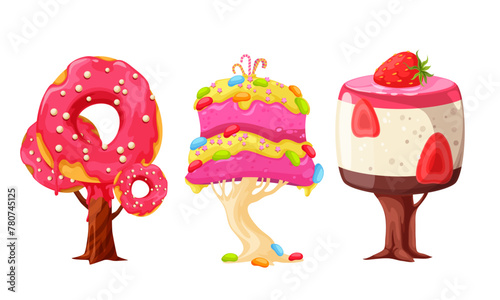 Set of three trees stylized as dessert with strawberry, donut and caramel, can be used for design of computer games, posters and advertising, trees isolated on white background