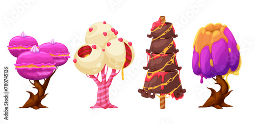 Set of four trees stylized as candy, can be used for design of computer games, posters and advertising, trees isolated on white background