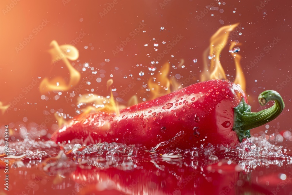 hot pepper on isolated red background with flame hot pepper on isolated red background with flame