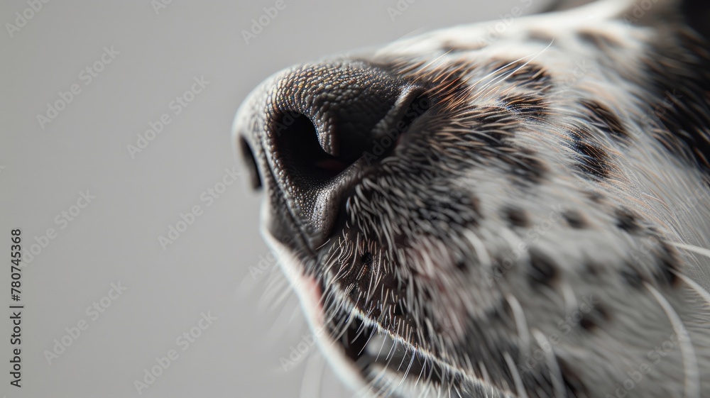 Close-up of a dog's whiskered snout. - obrazy, fototapety, plakaty 