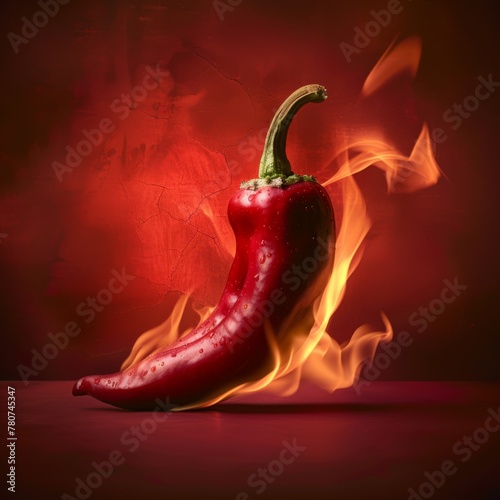 hot pepper on isolated red background with flame