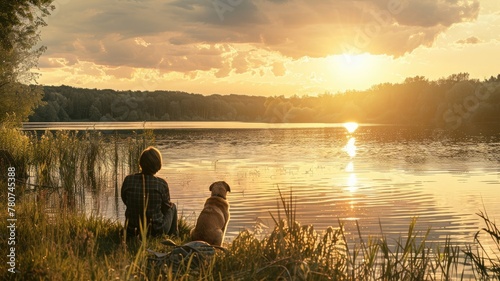 A serene lakeside scene with a person and a dog.