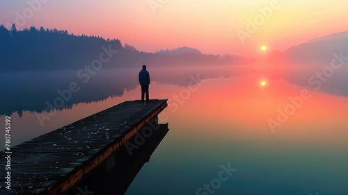 Lone person on pier watching sunrise over calm lake.
