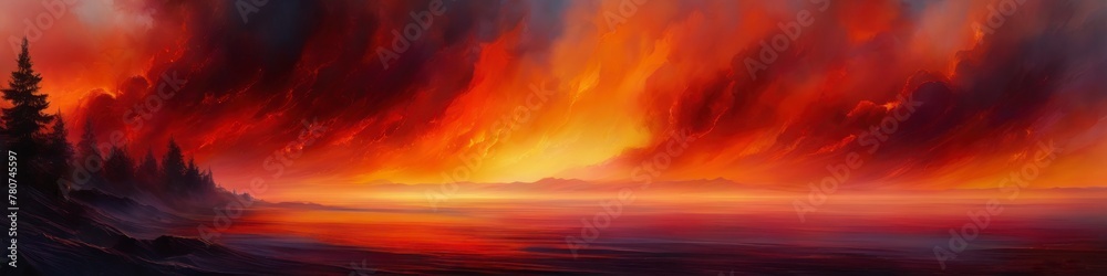 Abstract illustration lanscape in red colors, black clubs of smoke. Background for social media banner, website and for your design, space for text.