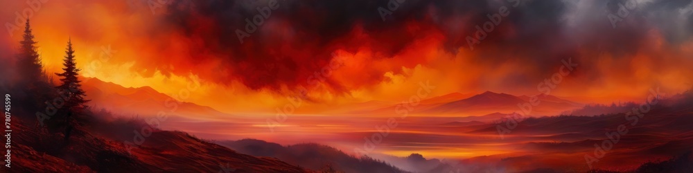 Abstract illustration lanscape in red colors, black clubs of smoke. Background for social media banner, website and for your design, space for text.