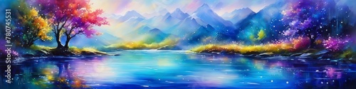 Watercolor illustration landscape spring lake on mountains background. Background for social media banner, website and for your design, space for text. photo