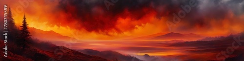 Abstract illustration lanscape in red colors, black clubs of smoke. Background for social media banner, website and for your design, space for text.