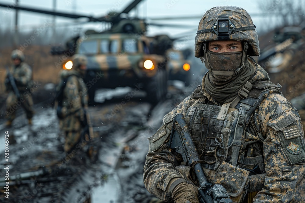A soldier in tactical gear is in focus with a blurred helicopter landing behind him in a desolated warzone A soldier in tactical gear is in focus with a blurred helicopter landing behind him in a desolated warzone
