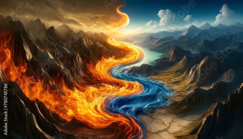 Fantasy Landscape with Fiery River and Mountain Range