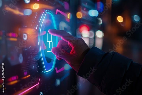 Businessman touching a digital security button with a padlock icon on a hologram screen in a close up view of a hand finger pressing a key to open a door in an office building at night Generative AI photo