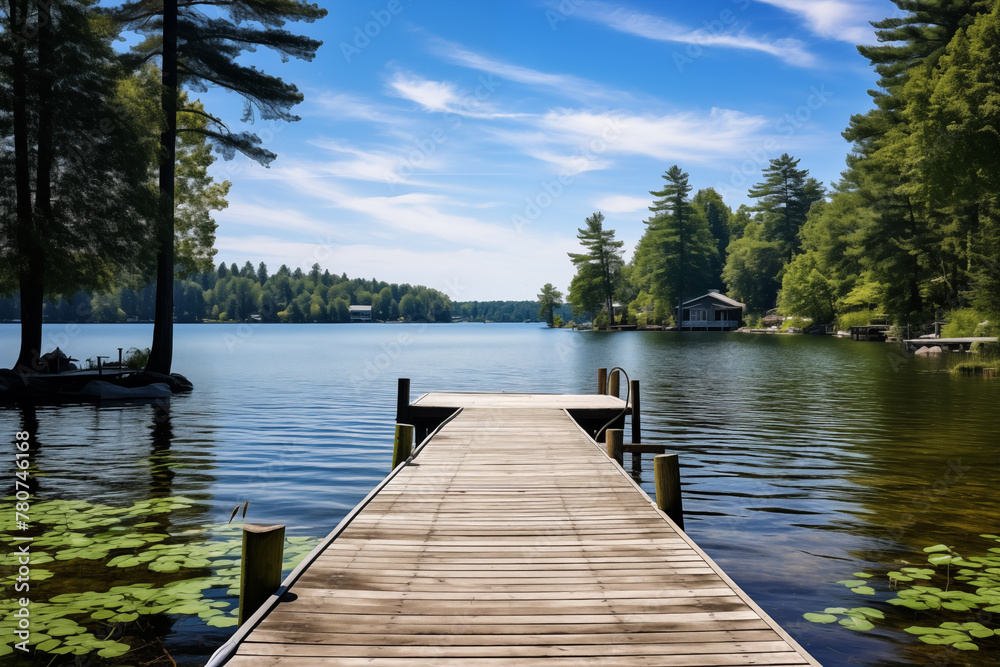 Wooden dock extending into a peaceful lake surrounded by lush green forest under a bright blue sky with scattered clouds, creating a serene summer landscape Wooden dock extending into a peaceful lake surrounded by lush green forest under a bright blue sky with scattered clouds, creating a serene summer landscape