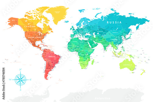 World Map - Highly Detailed Colored Vector Map of the World. Ideally for the Print Posters. Rainbow Colors