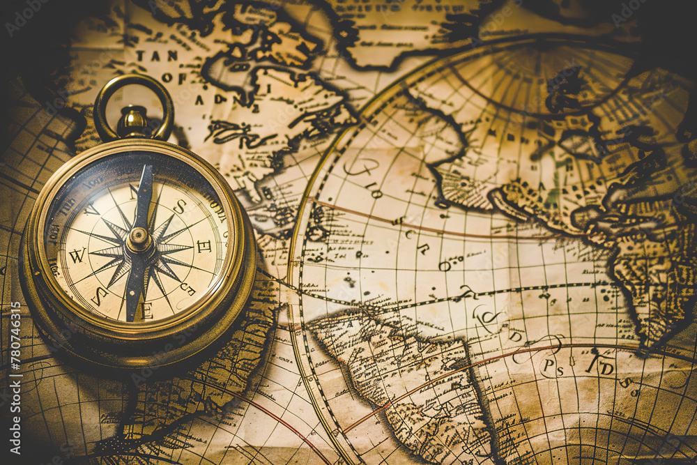 Naklejka premium A vintage map of the world with an old-fashioned compass placed on top