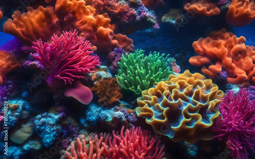 Fluorescent coral reef texture, underwater neon glow, vivid marine ecosystem, surreal and exotic abstract pattern © julien.habis
