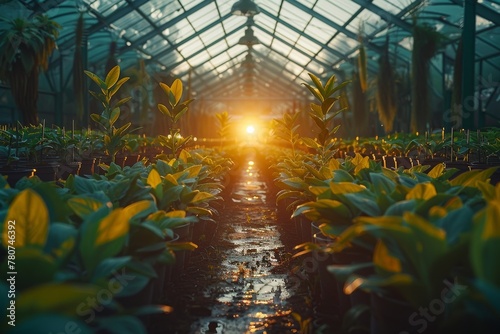 A serene greenhouse with plants basked in the warm glow of a sunset  showcasing a peaceful end of day in horticulture
