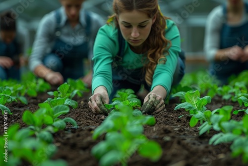 Detailed shot of a focused young woman planting seedlings in a greenhouse