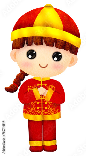 A boy dressed in traditional Chinese clothes in red, yellow and gold is posing asking for red packets during the Chinese New Year holiday.