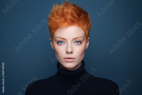 Studio portrait of beautiful young ginger woman with short hair style on studio colour background photo