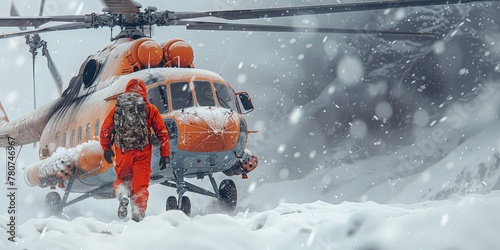 Search and rescue work in the mountains. A man in a red suit against the background of a red rescue helicopter. Red bird saves lives.