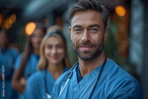Smiling male nurse in scrubs with a confident pose and medical team slightly out of focus behind him