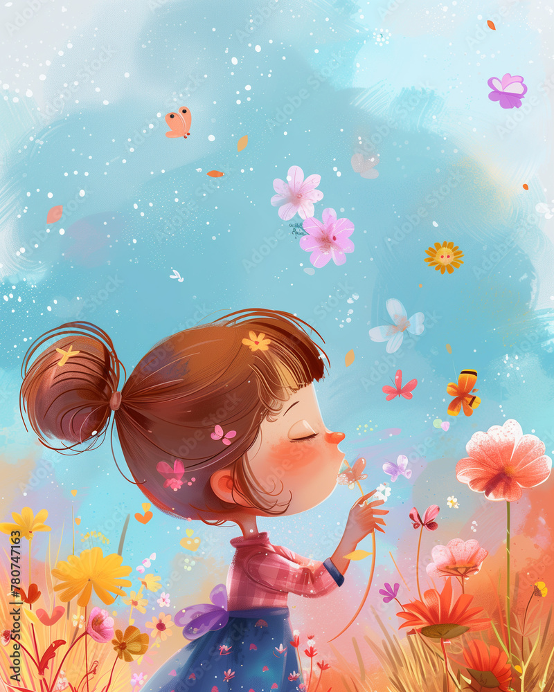 Children's Day. A little girl blows on a flower.