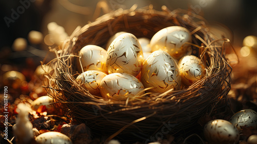 Beautiful Seasonal Easter Eggs In The Nest During Sunrise Selective Focus