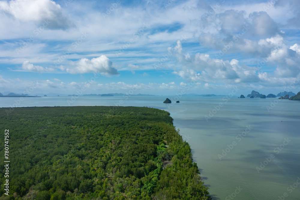 Aerial view of Phang Nga bay located in Phang Nga province, Thailand.