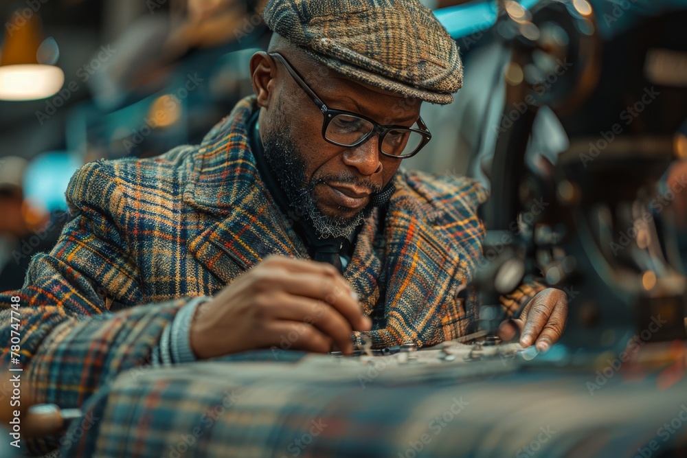 A fashionable man deeply focused on a game of chess, with a carefully curated vintage style surrounding him