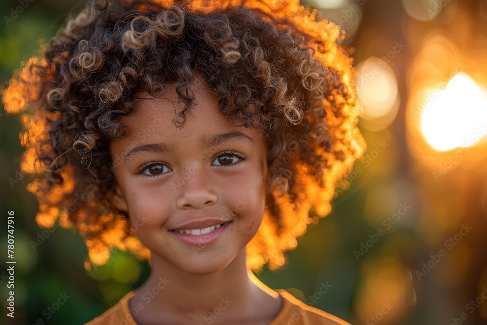 Warm sunset backdrop with a smiling child's face framed by curly hair