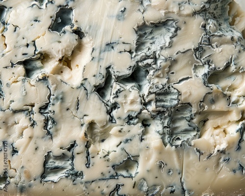 A close-up of aged blue cheese highlighting the intricate mold patterns and textures