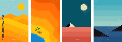 Abstract retro minimal summer travel poster set. Vintage print desert sand dunes under sunlight and sahara oasis. Egyptian pyramid under moonlight and rocks in sea. Trendy minimalist vector placard