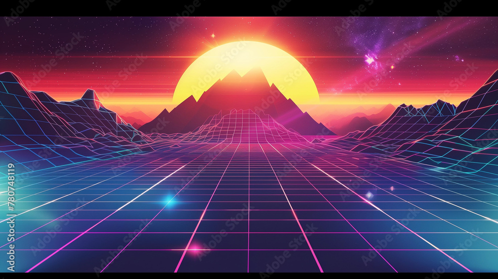 A retro synthwave background with neon grid lines and geometric shapes ...