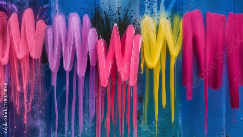 colorful wall with graffiti spray strokes. Pink, purple, yellow, blue color splash, flows, streaks of paint and paint sprays