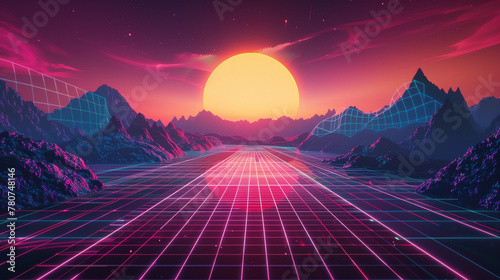 A retro synthwave background with neon grid lines and geometric shapes, including mountains with gridlines in the distance. The sun is setting behind them. Beautiful 80’s background design.