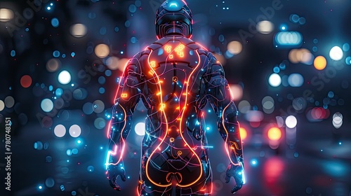 A neon and circuit-infused exoskeleton suit