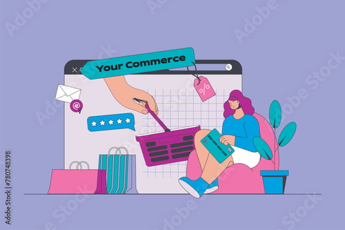 Online commerce concept in modern flat design for web. Woman making purchase orders at store site, paying with credit card at internet. Vector illustration for social media banner, marketing material.