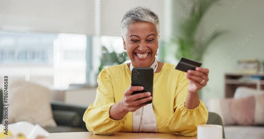 Retired woman, mobile or credit card in online shopping, fintech or digital money as ecommerce sale. Female pensioner, phone or banking tech in mortgage, payment or excited customer in living room Retired woman, mobile or credit card in online shopping, fintech or digital money as ecommerce sale. Female pensioner, phone or banking tech in mortgage, payment or excited customer in living room