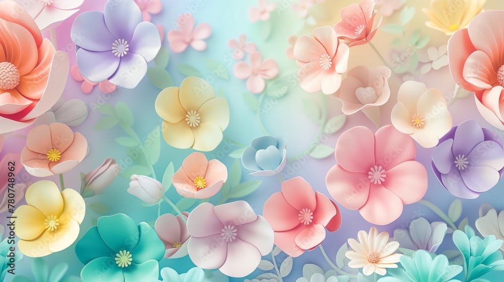 A vibrant array of paper-like flowers in pastel colors with a soft-focus background creating a whimsical floral pattern.