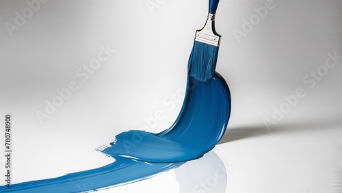 a single stroke of blue paint, elegantly brushed onto a pristine white background. The vivid blue color flows smoothly, The paintbrush is suspended in the air