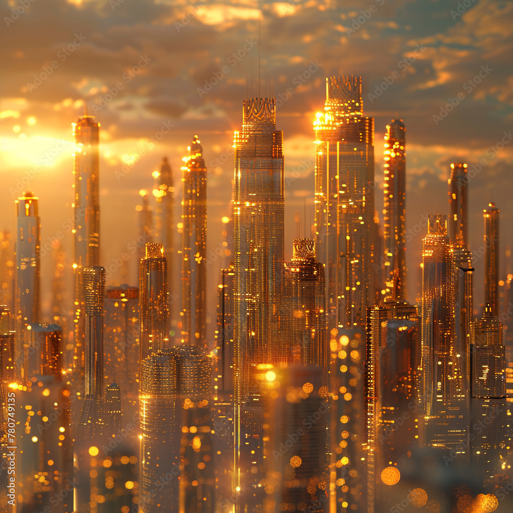 Fototapeta premium Gold, crown, royal elegance, a futuristic cityscape where towering skyscrapers are adorned with shimmering gold accents