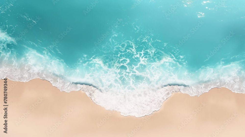 tranquil beach with a gentle wave caressing the sandy shore, under a clear turquoise sky.