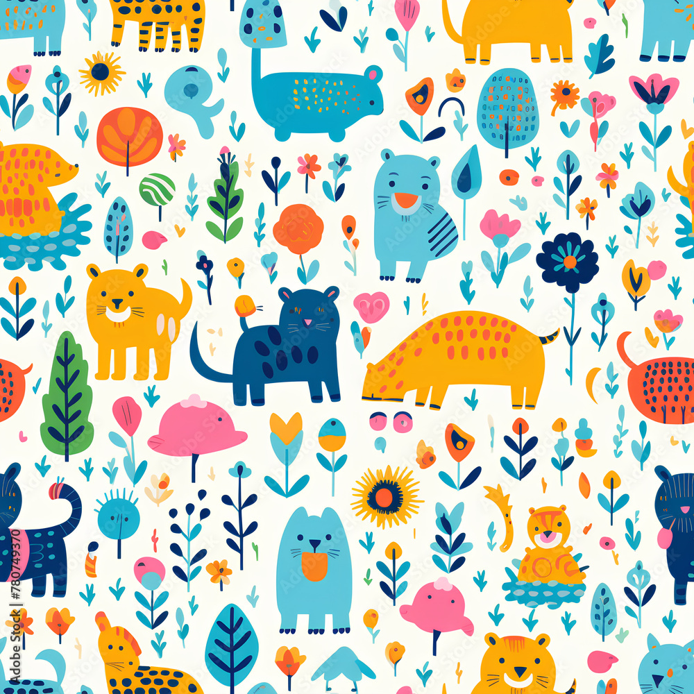 Cute Animal and Floral Pattern, Colorful Children’s Illustration, Nature and Wildlife Theme